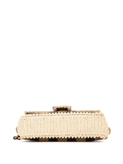 Pre-owned Fendi 2000-2010 Pequin Gingham Canvas And Raffia Baguette Satchel In Brown