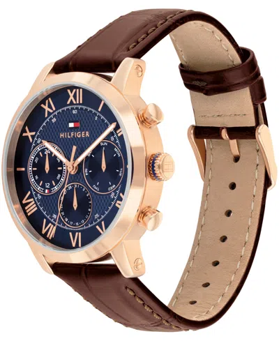 Tommy Hilfiger Men's Multifunction Dark Brown Leather Strap Watch, 42mm In Brown