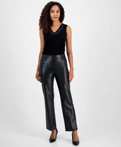Kasper Faux-leather Mid-rise Straight-leg Pants, Regular & Petites In Black
