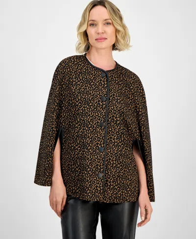 Kasper Leopard Jacquard Snap-front Cape-sleeve Topper, Regular & Petites In Multi