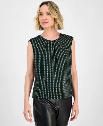 Kasper Foil Print Pleated-neck Extended-shoulder Top, Regular & Petites In Multi