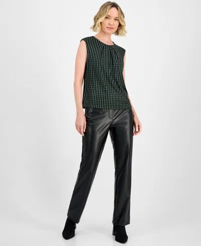 Kasper Foil Print Pleated-neck Extended-shoulder Top, Regular & Petites In Multi