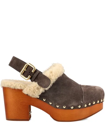 Chloé Jeannette Shearling-trimmed Suede Wedge Clogs In Brown