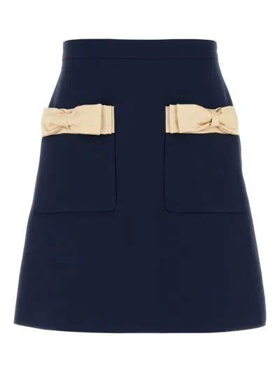 Valentino Wool Blend Skirt With Bow And Front Pockets In Blue