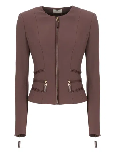 Elisabetta Franchi Structured Blazer With Front Zip And Long Sleeves In Brown