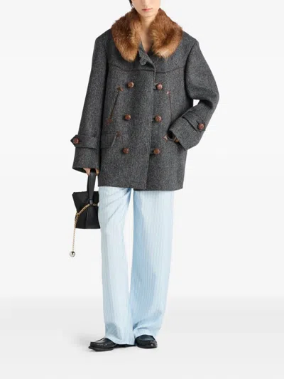 Prada Herringbone Shearling-collar Double-breasted Coat In Gray