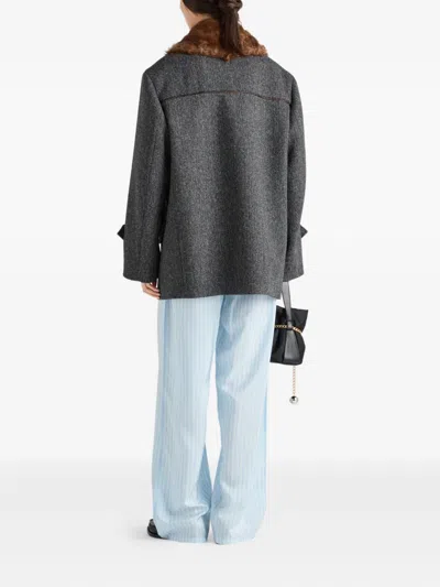 Prada Herringbone Shearling-collar Double-breasted Coat In Gray
