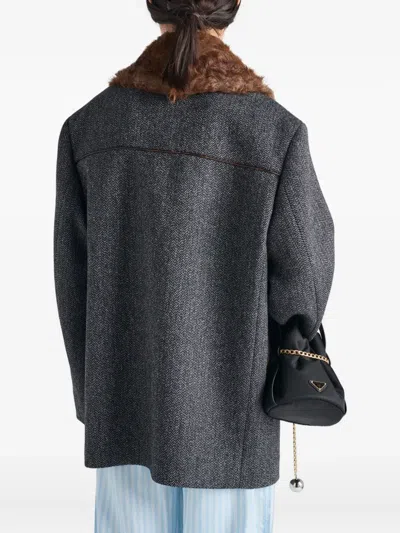 Prada Herringbone Shearling-collar Double-breasted Coat In Gray