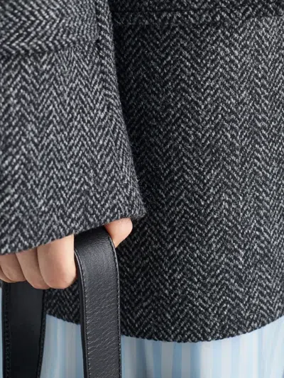 Prada Herringbone Shearling-collar Double-breasted Coat In Gray