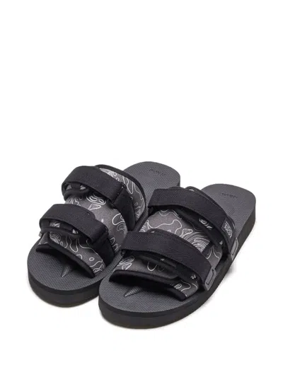 Suicoke Triple-strap Patterned Sandals In Black