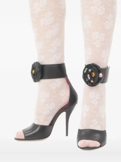 Valentino Embellished Rose Leather Sandals In Black