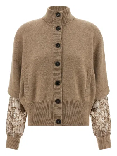 Brunello Cucinelli Sequin Sleeve Cardigan Sweaters And Cardigans Beige In Neutral