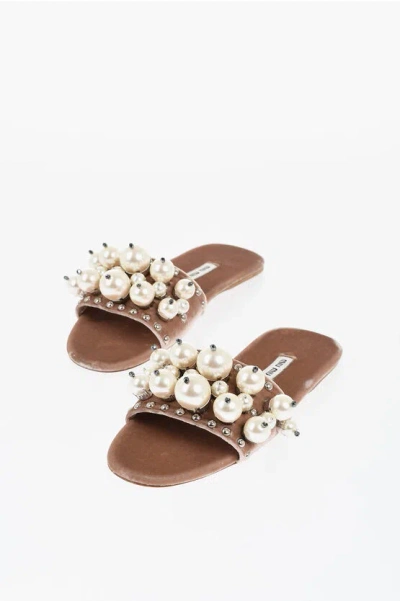 Miu Miu Velour Slides With Decorative Pearls In Transparent