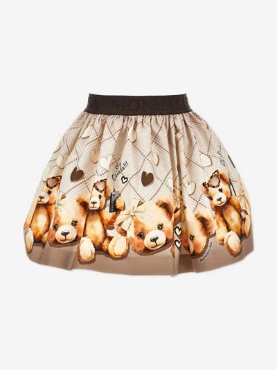 Monnalisa Beige Skirt With Elastic Waist With Logo Lettering And All-over Print In Cotton Stretch Girl In Brown