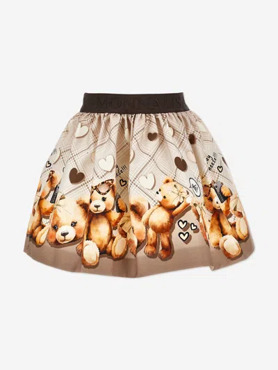 Monnalisa Beige Skirt With Elastic Waist With Logo Lettering And All-over Print In Cotton Stretch Girl In Brown