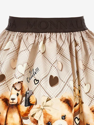 Monnalisa Beige Skirt With Elastic Waist With Logo Lettering And All-over Print In Cotton Stretch Girl In Brown