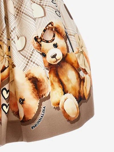 Monnalisa Beige Skirt With Elastic Waist With Logo Lettering And All-over Print In Cotton Stretch Girl In Brown