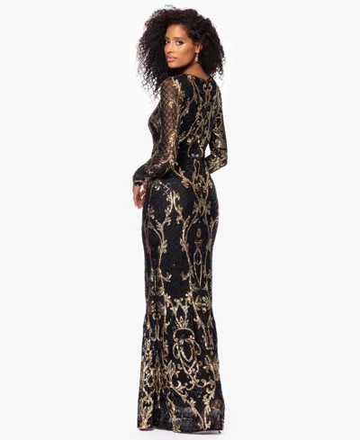 B & A By Betsy And Adam Betsy & Adam Petite Sequinned Mesh-sleeve Evening Gown In Black