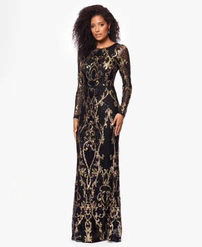 B & A By Betsy And Adam Betsy & Adam Petite Sequinned Mesh-sleeve Evening Gown In Black