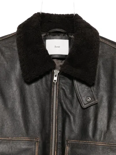 Dunst Shearling Collared Leather Jacket Brushed Brown In Black