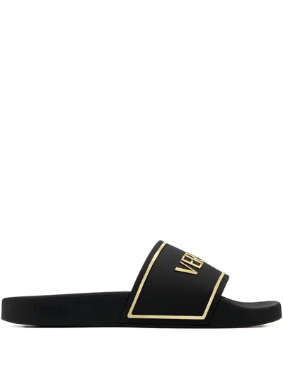 Versace Black Sandals With Logo Printed On The Front In Black