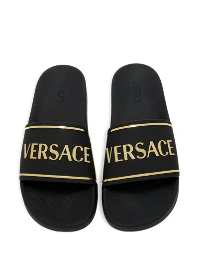 Versace Black Sandals With Logo Printed On The Front In Black