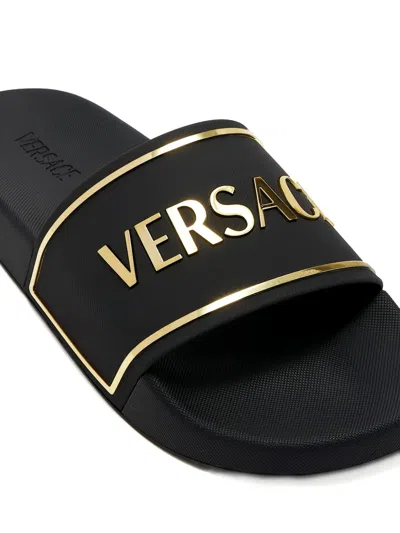 Versace Black Sandals With Logo Printed On The Front In Black
