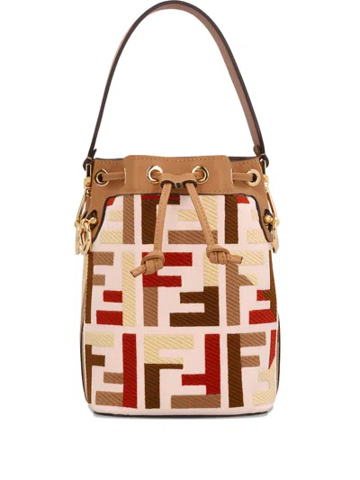 Fendi Mon Tresor Canvas Bucket Bag With Ff Embroidery In Brown