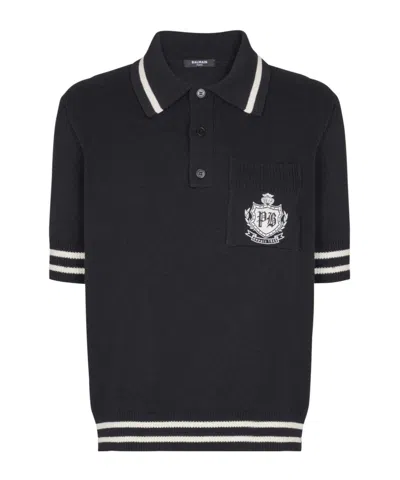 Balmain College Emblem Short Sleeve Polo Sweater In Black