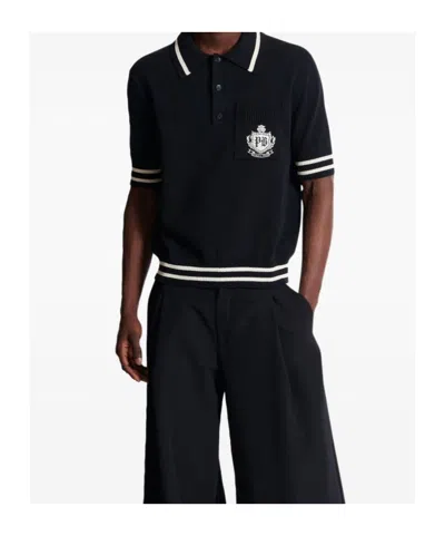 Balmain College Emblem Short Sleeve Polo Sweater In Black