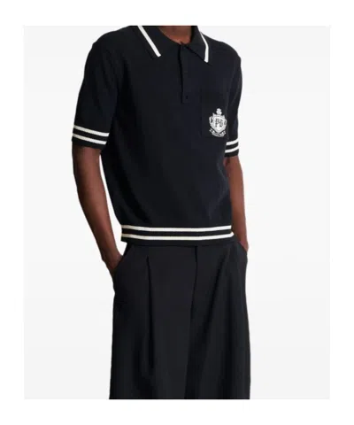 Balmain College Emblem Short Sleeve Polo Sweater In Black
