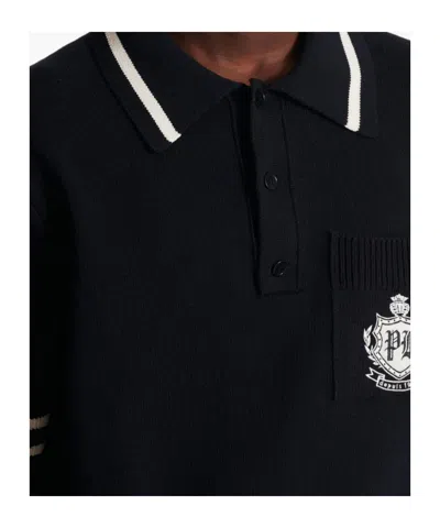 Balmain College Emblem Short Sleeve Polo Sweater In Black