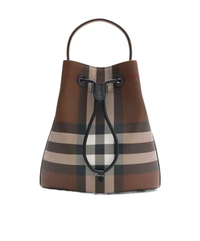 Burberry Checkered Canvas Bucket Bag With Top Handle In Brown