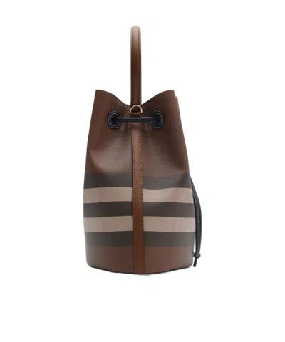 Burberry Checkered Canvas Bucket Bag With Top Handle In Brown
