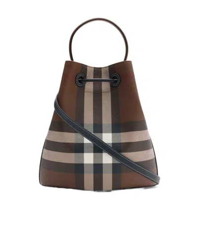 Burberry Checkered Canvas Bucket Bag With Top Handle In Brown