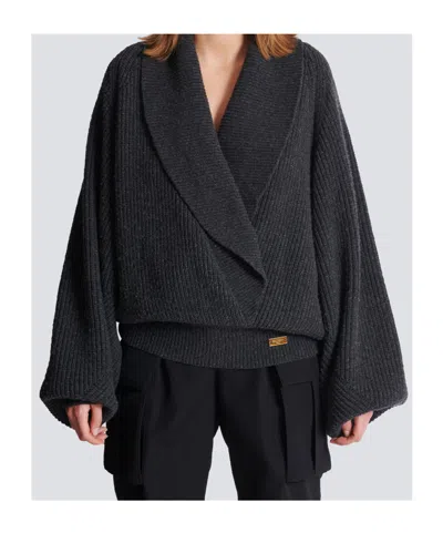 Balmain Oversized Ribbed Knit Pullover With Shawl Collar In Gray