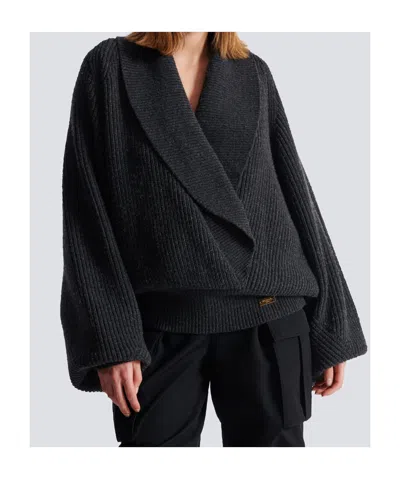 Balmain Oversized Ribbed Knit Pullover With Shawl Collar In Gray