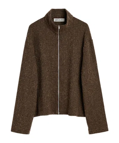 Our Legacy Textured Fabric Long Sleeve High Collar Cardigan In Brown