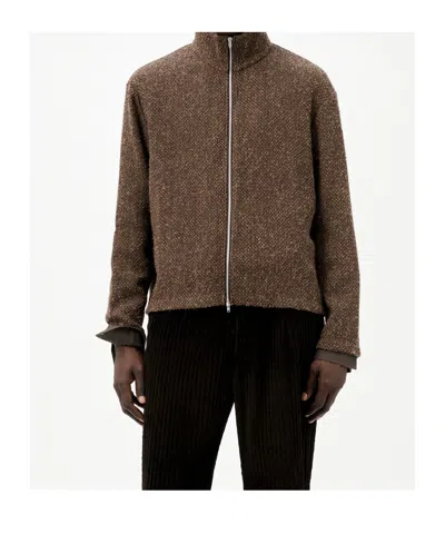 Our Legacy Textured Fabric Long Sleeve High Collar Cardigan In Brown