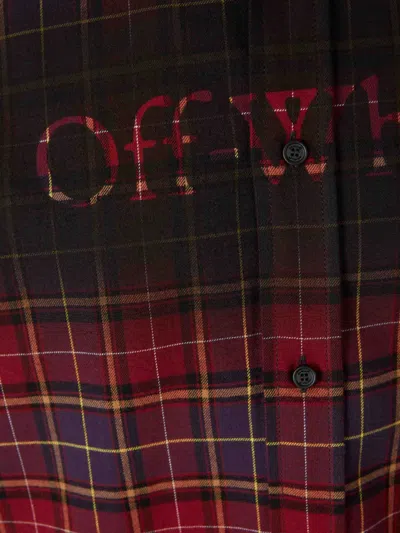 Off-white Bordeaux Shirt With Maxi Logo Lettering On The Front And All-over Check Motif In Wool Man In Red