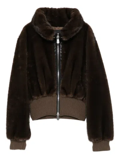 Pinko Cropped Jacket With Plush Faux Fur Texture In Brown