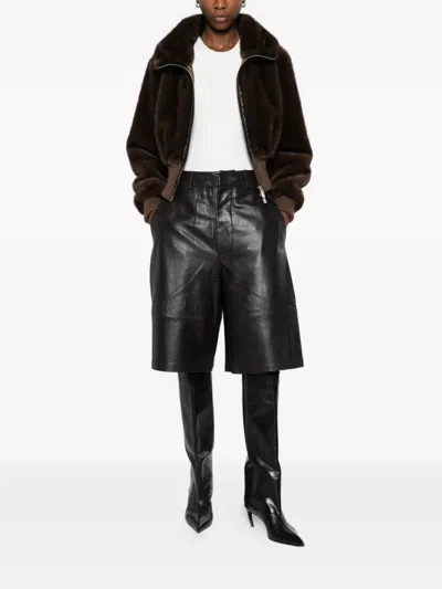 Pinko Cropped Jacket With Plush Faux Fur Texture In Brown