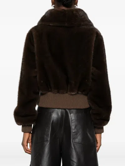 Pinko Cropped Jacket With Plush Faux Fur Texture In Brown
