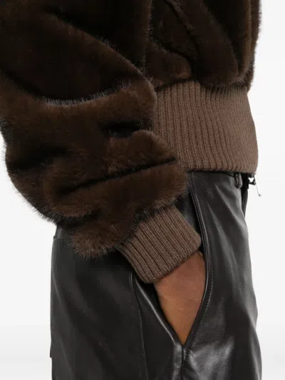 Pinko Cropped Jacket With Plush Faux Fur Texture In Brown
