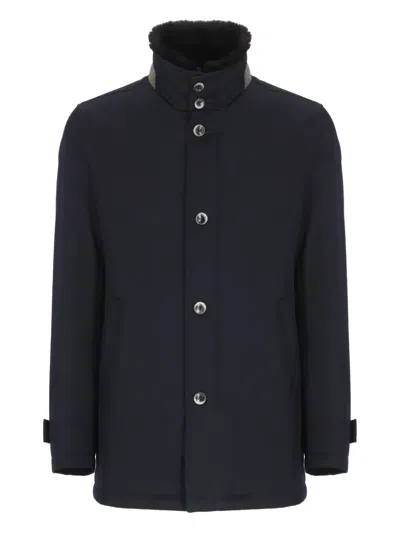 Herno Structured Blue Virgin Wool Coat With Plush Fur Collar In Black