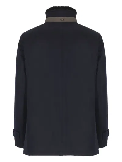 Herno Structured Blue Virgin Wool Coat With Plush Fur Collar In Black