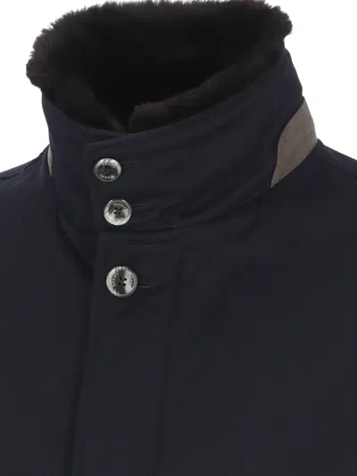 Herno Structured Blue Virgin Wool Coat With Plush Fur Collar In Black