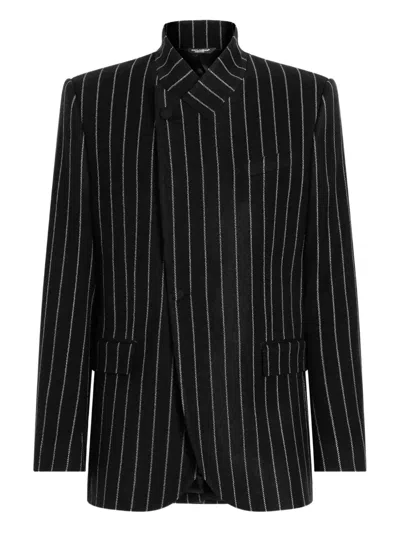 Dolce & Gabbana Pinstripe Wool Blend Single Breasted Coat In Black