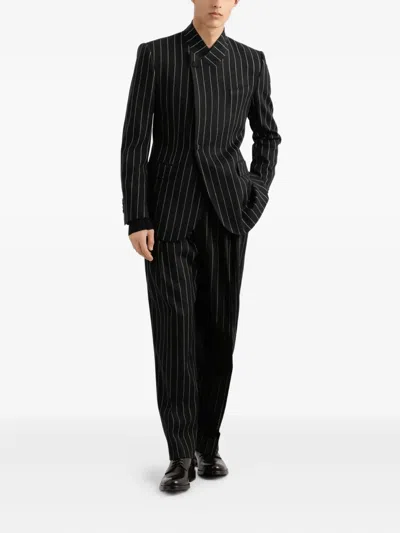 Dolce & Gabbana Pinstripe Wool Blend Single Breasted Coat In Black
