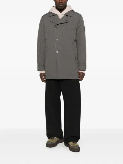 Stone Island Compass-patch Buttoned Coat In Gray